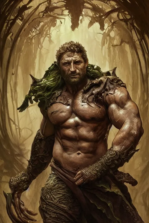 Image similar to portrait of gerard butler as a hulking herculean demon, forest, godlike, full body, fantasy, intricate, elegant, highly detailed, digital painting, artstation, concept art, sharp focus, illustration, art by artgerm and greg rutkowski and alphonse mucha