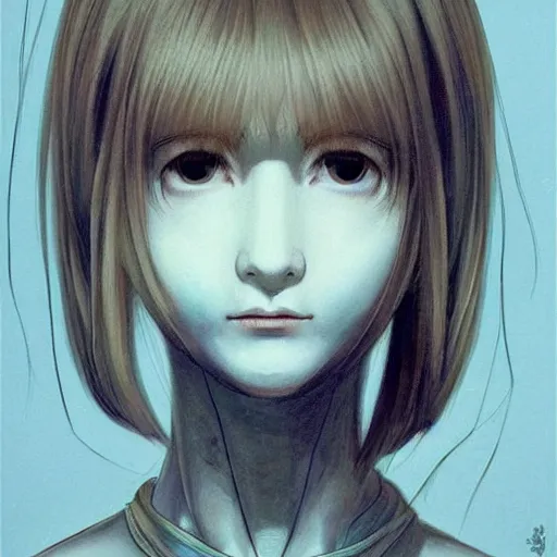 Image similar to beautiful pure evil teenager lain, cute but erratic haircut, with hundreds of network cables, neatly coming out of her head, a part of her face panel is showing, she is in pure bliss, chaos, bizarre, strange, portrait, painting, soft and intricate, fine lines, face is breaking like a porcelain doll, insanity by artgerm,