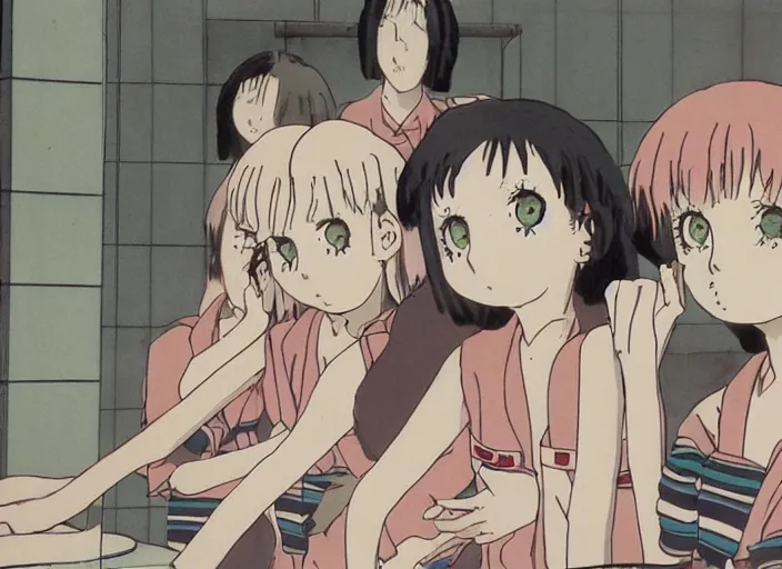 Image similar to screenshot from guro anime, 8 0's horror anime, yellowed grainy vhs footage with noise, four schoolgirls trapped in a bathroom, bathroom stalls and sinks and tiled floor, sad scared girls are in beige sailor school uniforms, one girl has white hair, detailed expressive faces, various hair colors and styles, in the style of ghibli,