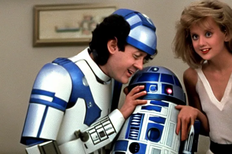 Image similar to a movie still from the 1989 romcom movie when Harry Met R2D2 starring Billy Crystal