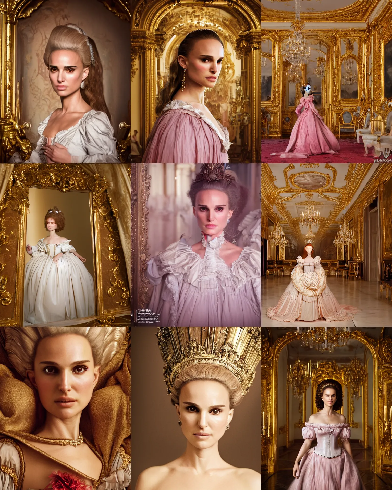 Prompt: Natalie Portman as Hermione as Marie Antoinette in hall of mirrors in versailles, golden hour, clear makeup, clean hair, dry skin, clear skin, airbrushed, bright eye makeup, warrior body, photo by mario testino, 8k octane render, cinematic, hyper detailed, micro details, insanely detailed, trending on artstation, concept art