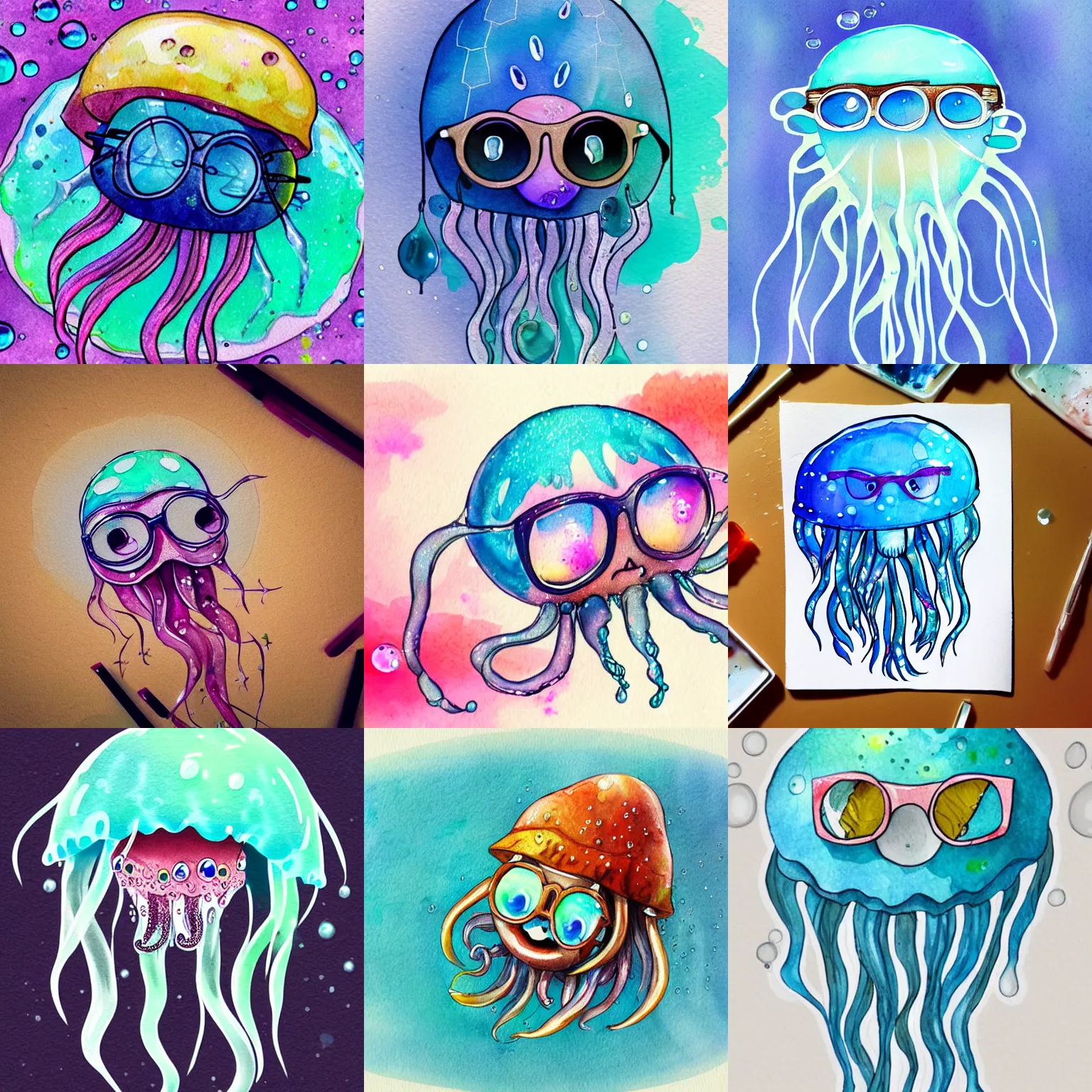 Prompt: a cute crystal jellyfish wearing glasses, glasses frames, artstation, water bubbles, watercolor and pen