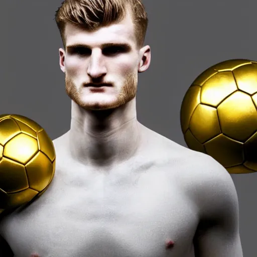 Image similar to a realistic detailed photo of a guy who is an attractive humanoid who is half robot and half humanoid, who is a male android, soccer players martin ødegaardtimo werner, shiny skin, posing like a statue, blank stare, in a factory, on display, showing off his muscles, gold soccer shorts, side view, looking at each other mindlessly