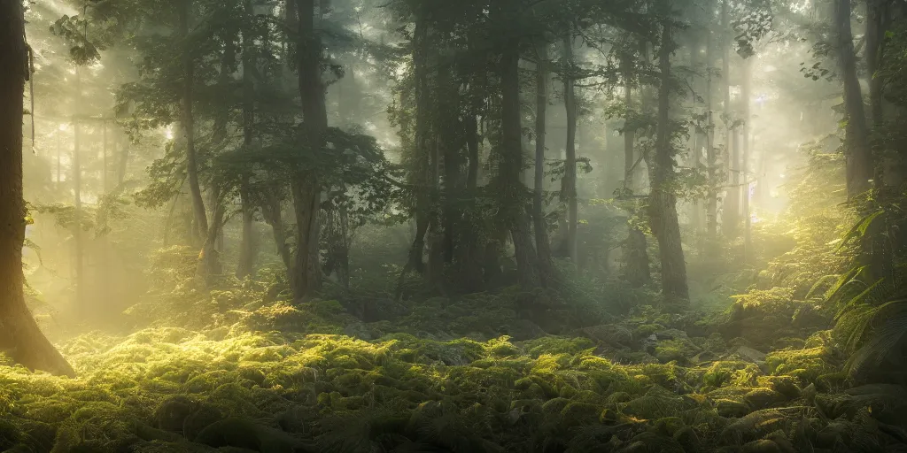 Image similar to a forest, highly detailed oil painting, hyperrealism, volumetric lighting, Studio Ghibli, Jessica Rossier, digital art, octane render, beautiful composition, trending on artstation, masterpiece