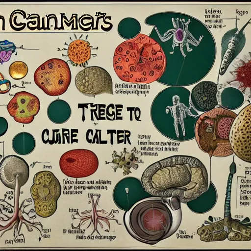 Image similar to the cure for cancer, highly detailed, scientifically accurate, diagram, English