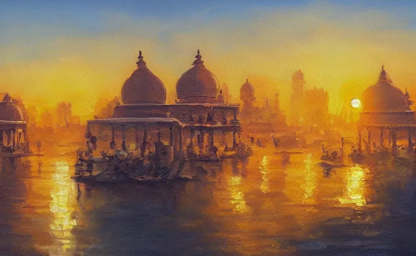 Image similar to detailed oil painting of an indian city, artstation, golden hours, beautiful lighting