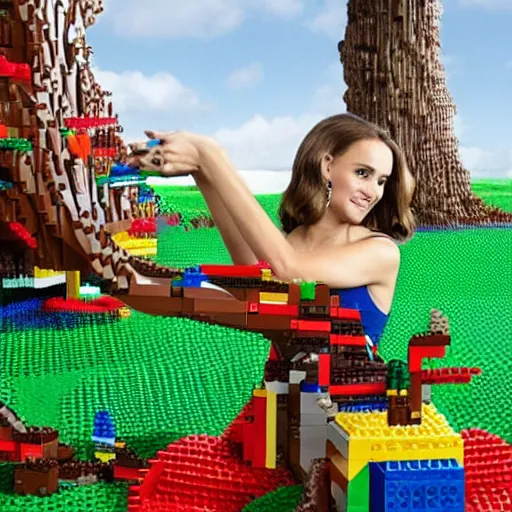 Image similar to Natalie Portman building a giant tree of LEGO