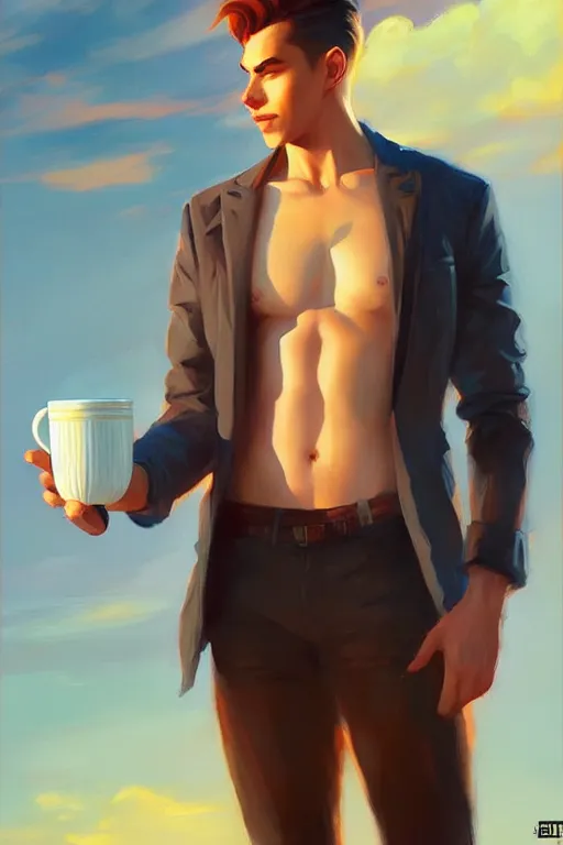 Image similar to attractive man drinking coffee, sunset, painting by ross tran, vladimir volegov, j. c. leyendecker, tom of finland, trending on artstation