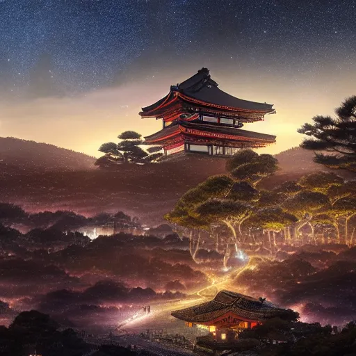 Prompt: view of an ancient japanese city at night, temples, trees, dormant volcanoes in the background, galaxy nebula, dramatic clouds, glowing fog, dramatic lighting, ultra detailed, sharp, ambient occlusion, raytracing, by greg rutowski, paul chadeisson and jessica rossier