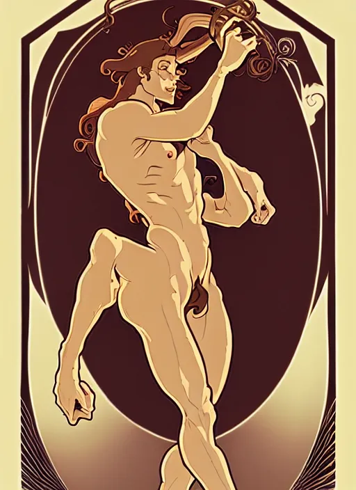 Prompt: art nouveau portrait of centaur man, natural lighting, path traced, highly detailed, high quality, cartoon, digital painting, by don bluth and ross tran and studio ghibli and alphonse mucha