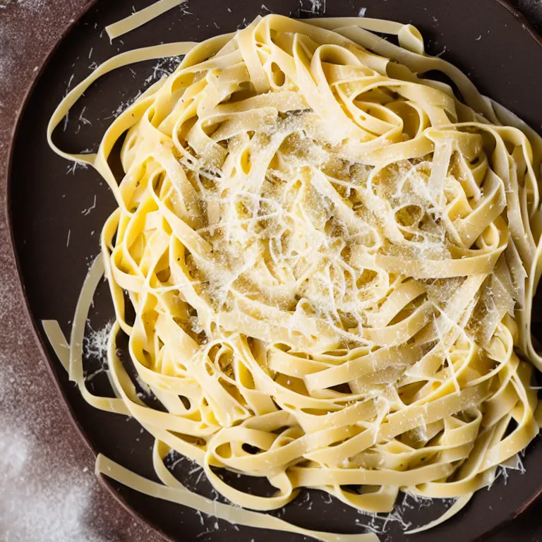 Image similar to a creamy fettuccine pasta in a parmesan cheese wheel, food photography