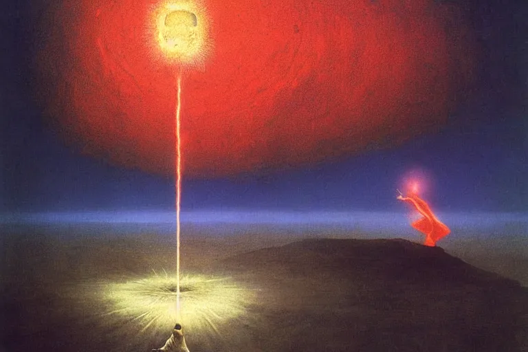 Prompt: levitating sorcerer, opening a shining portal, night sky, horizon of an erupting volcano, by zdzislaw beksinski, highly detailed