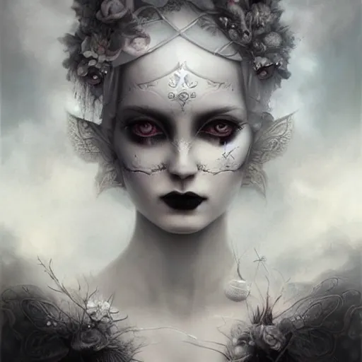 Image similar to By Tom Bagshaw, ultra realist soft painting of a curiosities carnival by night, very beautiful female dollpunk in full gothic dress, symmetry accurate features, very intricate details, omnious sky, black and white, volumetric light clouds