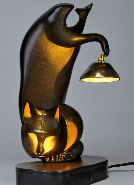 Image similar to a lamp in the shape of a cat with black accents designed by louis comfort tiffany