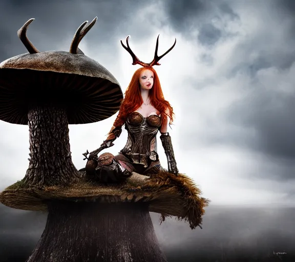 Image similar to a photo of an armored woman warrior redhead with antlers sitting on a giant mushroom that covers a whole village and reaches above the clouds by luis royo. intricate. lifelike. soft light. sony a 7 r iv 5 5 mm. cinematic post - processing