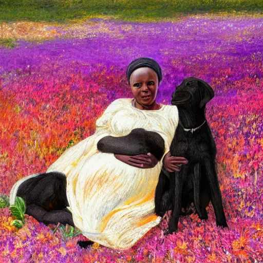 Prompt: a pregnant east african woman with her black puppy in a vast field of flowers, relaxing, wide shot, golden hour, vintage, impressionist painting, fine art, oil painting, dreamy, pastel, laughing, happy, intricate details, sharp, peaceful, serene