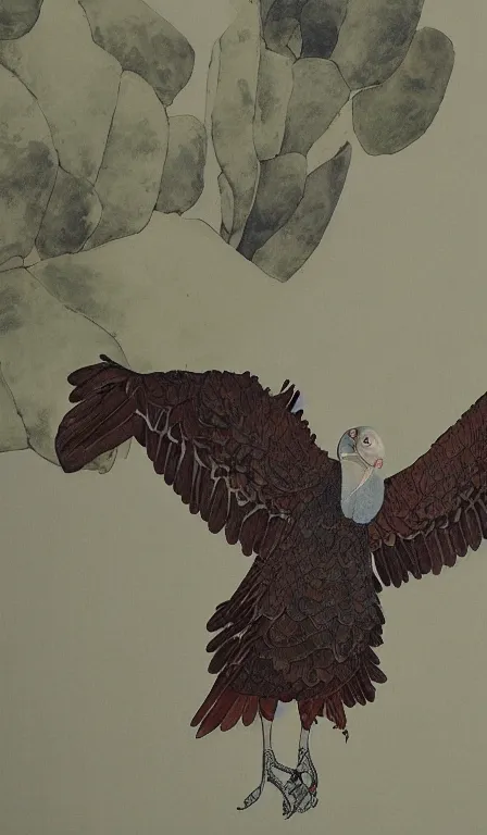 Image similar to wide shot of turkey vulture sitting on cactus by Shen Quan, hanging scroll, ink and colours on silk