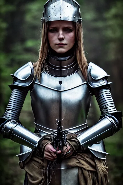 Prompt: portrait of female knight in the wild nature, dressed, symmetry, cinematic, elegant, sci - fi, dark fantasy light, perfect composition, dlsr photography, sharp focus, 4 k, ultra hd, sense of awe, by wayne barlowe