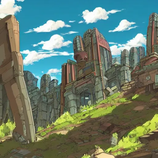 Image similar to futuristic ruins on a mountainside, colorful ruins, mega ruins, clouds on mountain, ruined buildings on mountainside, cel - shading, cel - shaded, 2 0 0 1 anime, bright sunshine