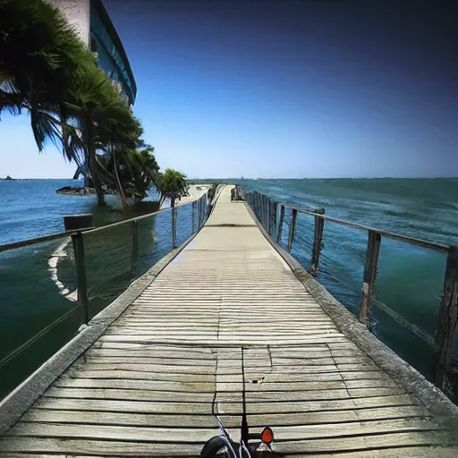 Prompt: You bicycling on a concrete path entering the murky ocean:POV+ultra hyperrealistic+detailed+high quality+ photorealistic+photography+HD+