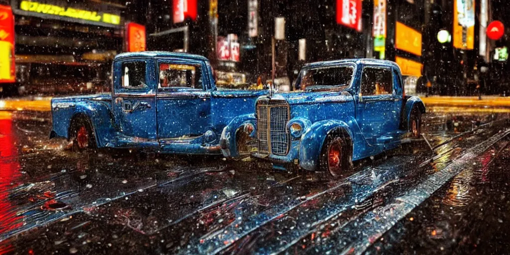 Image similar to color photograph close up macro shot of a ford t car on wet tokyo street at night in the future, intricate, hyper detailed, smooth, dramatic lighting, cinematic