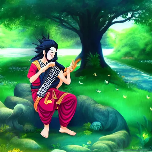 Image similar to Young Krishna playing flute in forest and all animals listen his melodious music , Zoom out ,anime style, artstation, devainart ,illustration, scenery,