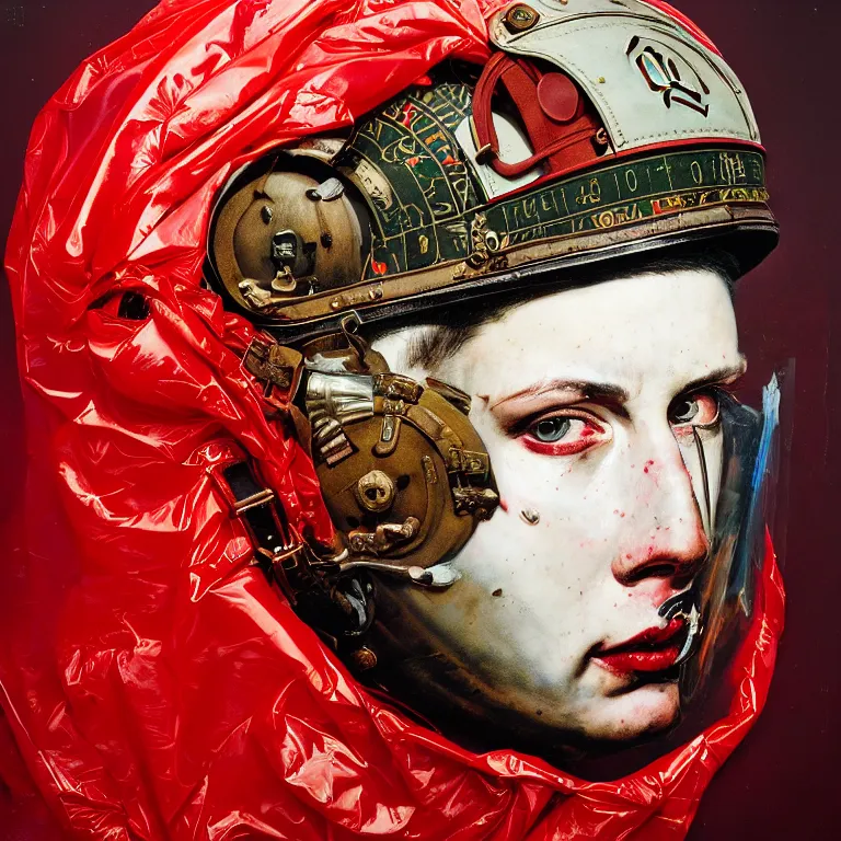 Image similar to portrait of a third reich soldier in ornate motorcycle dirt helmet in a helmet background red plastic bag, circuitboard,, rich deep colors, ultra detail, by francis bacon, james ginn, petra courtright, jenny saville, gerhard richter, zdzisaw beksinsk, takato yamamoto. masterpiece, elegant fashion studio ighting 3 5 mm