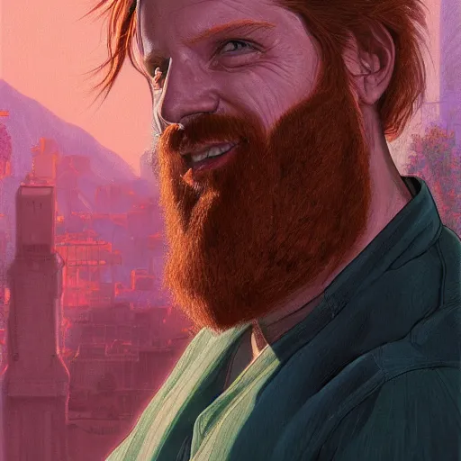 Image similar to A Portrait of Patrik Lindkvist, a bearded red-haired man in his 30's, living in Mönsterås and Los Angeles. Detailed digital art, portrait, D&D, fantasy, highly detailed, digital painting, artstation, concept art, sharp focus, illustration, art by artgerm and greg rutkowski and alphonse mucha