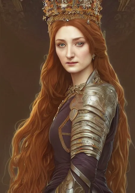 Image similar to portrait of sansa stark with crown, intricate, elegant, highly detailed, digital painting, artstation, concept art, smooth, sharp focus, illustration, art by artgerm and greg rutkowski and alphonse mucha and william - adolphe bouguereau