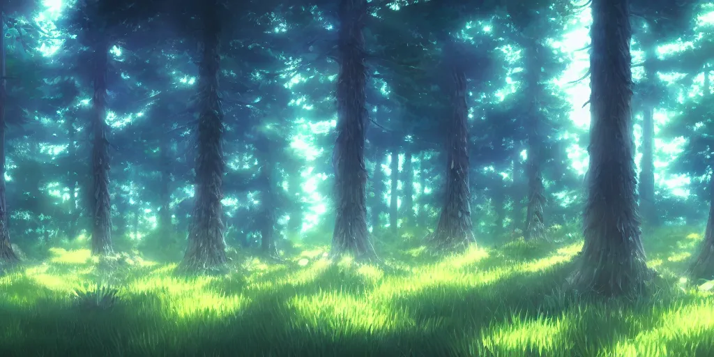 Prompt: a pine forest with glowing spirits, ultra high quality, 4 k, by miyazaki and makoto shinkai, anime screenshot, colorful, artstation, pixiv,