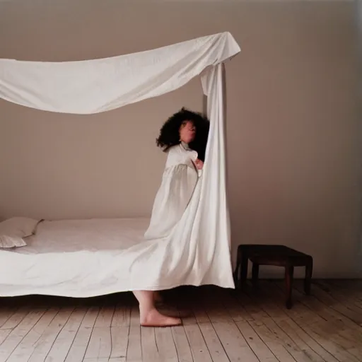 Image similar to portrait of girl in linen clothing falling from the room ceiling into a bed, natural sun lighting, 8 5 mm lens, artistic, photography by annie leibovitz