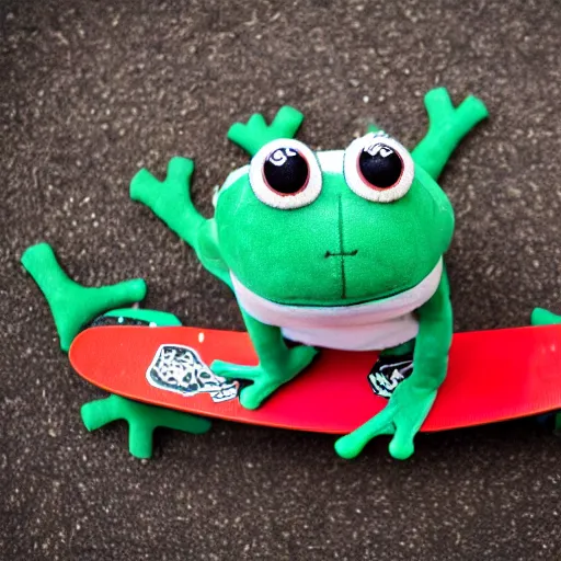 Image similar to frog plushie on a skateboard, skate photography 55mm
