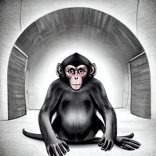 Image similar to macaque inside alien base, digital art, soft shadows