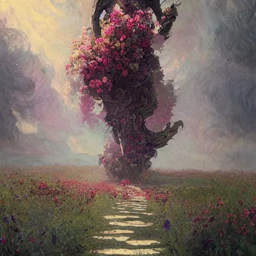 Prompt: a beautiful terrifying monster made of flowers. ethereal horror fantasy art by greg rutkowski and monet