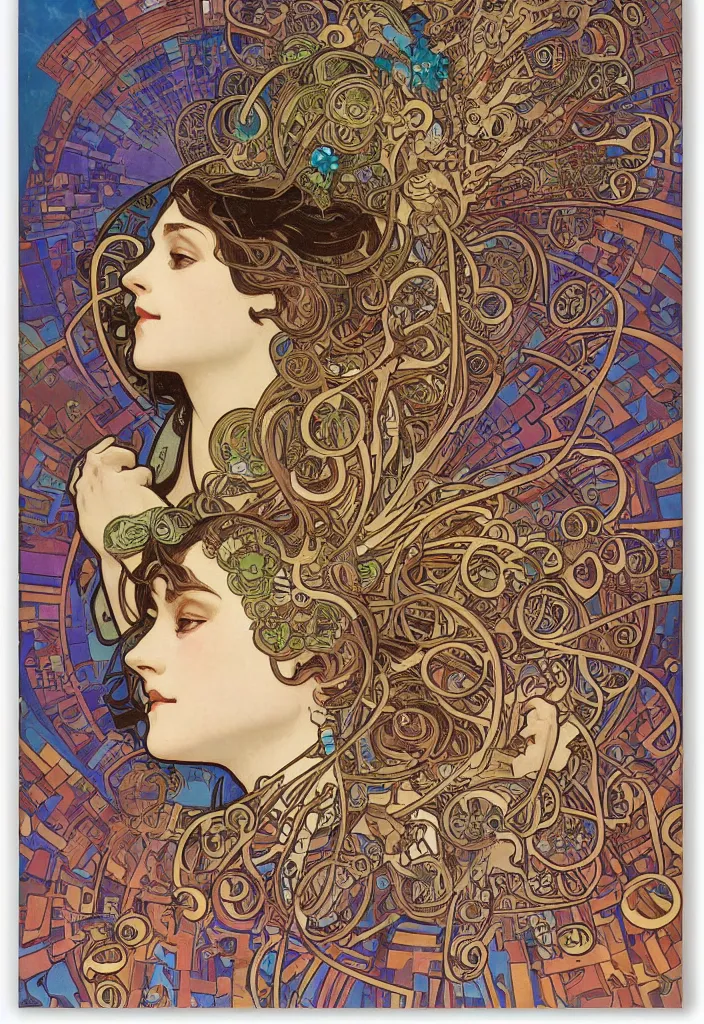 Prompt: colorful poster art by alphonse mucha and emek, a large robot head the size of a city, eyes glowing, smaller cities in the distance, all connected by twisting roads, digital art, poster frame, concert poster