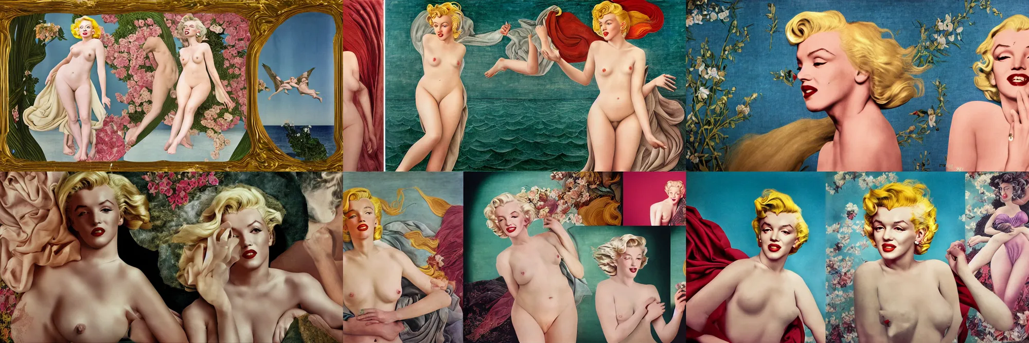 Prompt: Color photography of Marilyn Monroe walking by Annie Leibovitz in the style of the Birth of Venus by Sandro Botticelli. Marilyn Monroe is at the center of an elaborate Broadway set. 55mm nikon. Intricate. Very detailed 8k texture. Sharp. Cinematic post-processing. Award winning portrait photography. Sharp eyes.