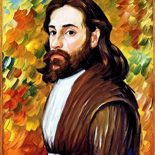 Image similar to portrait of a medieval nobleman with a long face, long brown hair and a closely - trimmed beard which is beginning to go grey. by leonid afremov