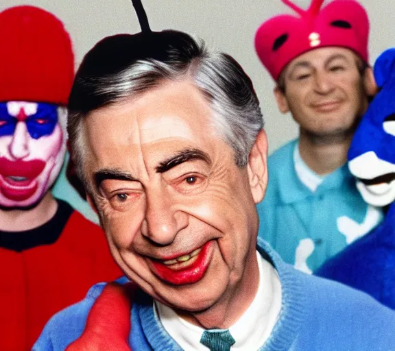 Prompt: color still shot of mister fred rogers lead singer performing in music group insane clown posse, face closeup