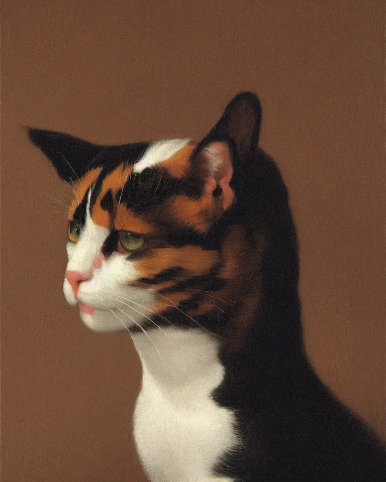 Prompt: close up portrait of one calico cat by vermeer. black background, three - point lighting, enchanting, realistic features, realistic proportions.