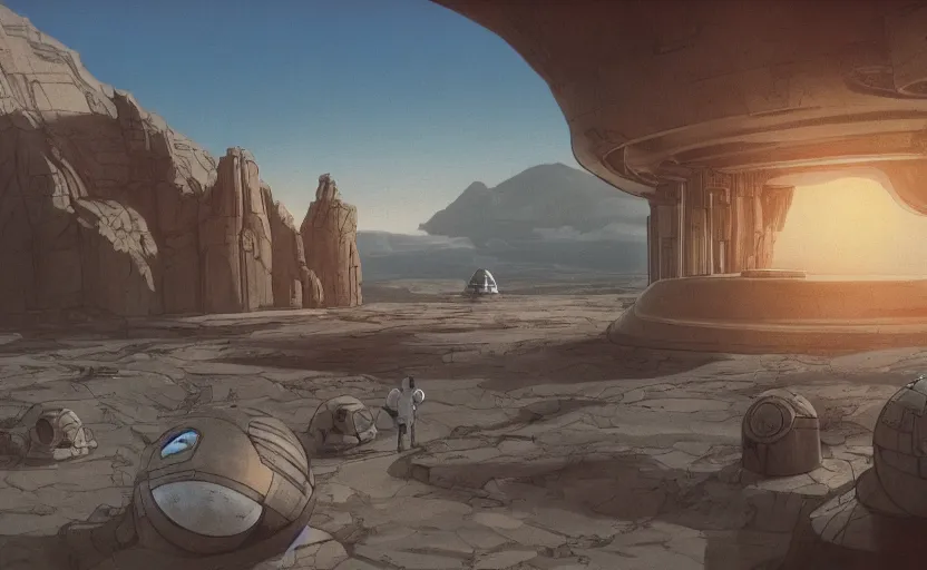 Image similar to screenshot wide shot of Luke Skywalker Jedi Temple, good day, morning, landscape, no people, no man, steampunk, desert, lost world, Anime Background, concept art, illustration,smooth, sharp focus, 1970s thriller by Stanely Kubrick film, color kodak, ektochrome, wide angle anamorphic lenses, detailed faces, moody cinematography