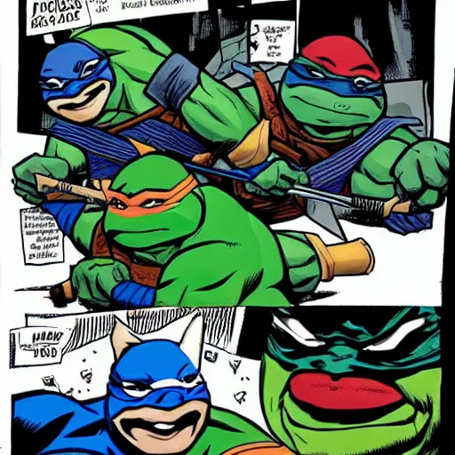 Prompt: ninja turtles fighting batman