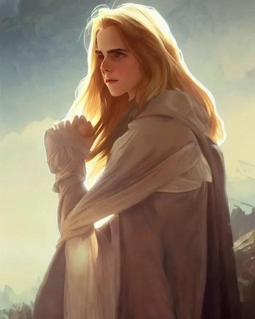 Image similar to '' Portrait of Beautiful blonde emma watson in her early 30’s, league of legends, LOL, fantasy, d&d, digital painting, artstation, concept art, sharp focus, illustration, art by greg rutkowski and alphonse mucha ''