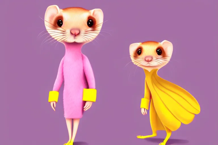 Prompt: detailed flat 2 d : female ferret character : wearing jewelry : wearing a pink dress : wearing yellow hat : head torso legs feet : lorax movie : artstation