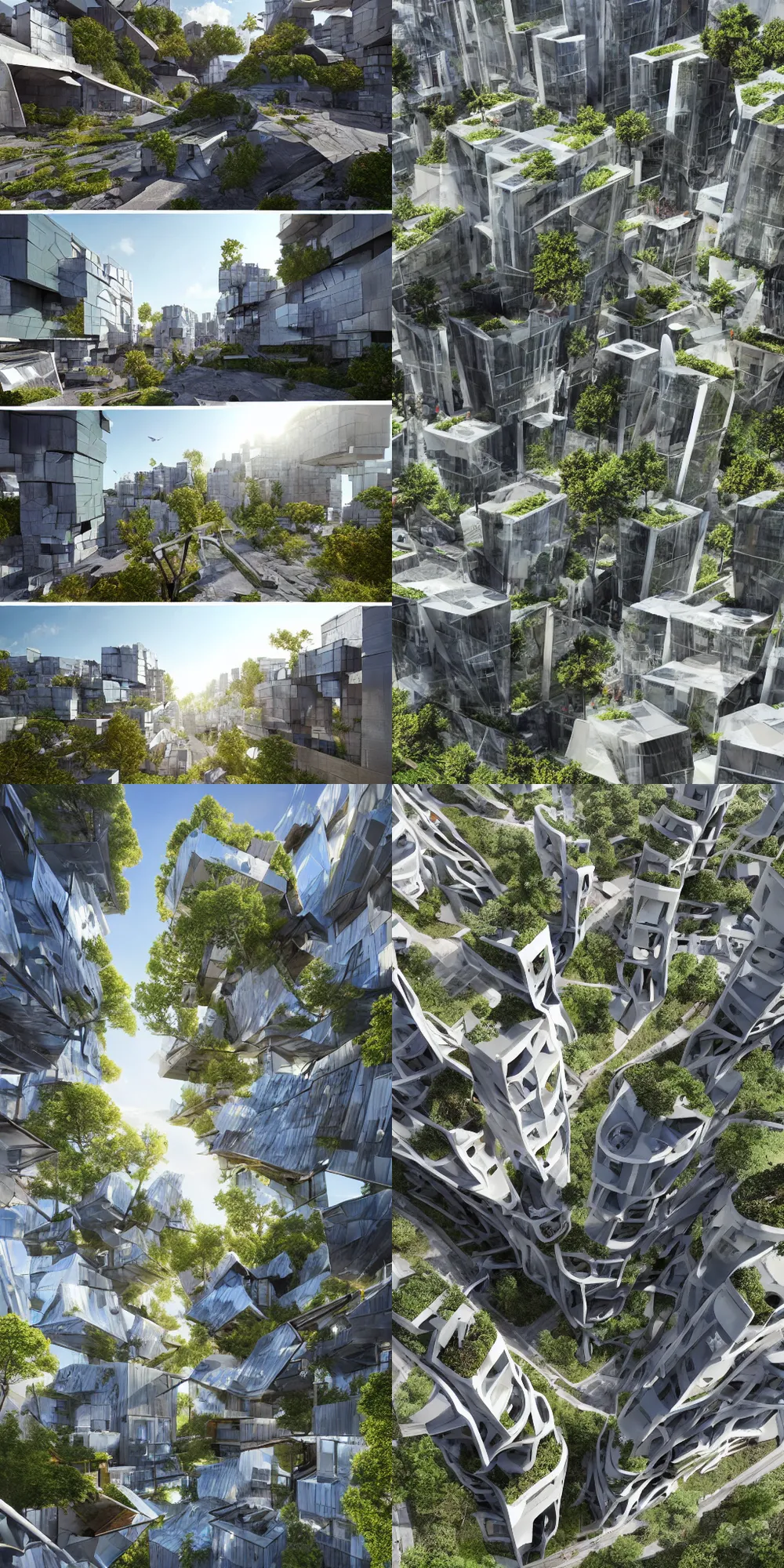 Prompt: an awesome sunny day environment concept art, nature meets architecture by Daniel Libeskind and Morphosis Architect, with village, residential area, mixed development, highrise made up of shipping containers, staircases, balconies, full of glass in ravine, gorge, abyss, cliffs, canyon.
