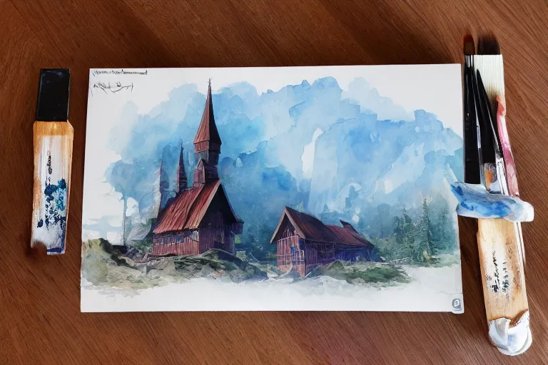 Image similar to small centered on watercolor paper, paint brush strokes, abstract watercolor painting of traditional scandinavian wooden cathedral, viking dragon decor, translucent leaves, cinematic light, national romanticism by hans dahl, by jesper ejsing, by anders zorn, by greg rutkowski, by greg manchess, by tyler edlin