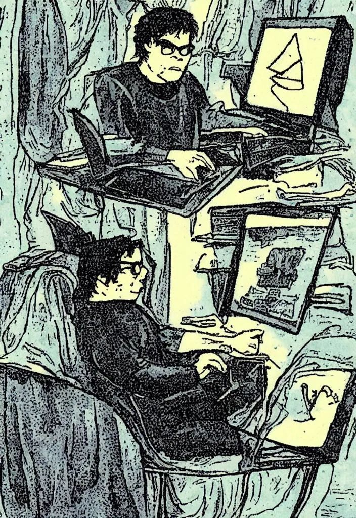 Image similar to Yann LeCun at his computer on a tarot card, illustrated on the Rider–Waite tarot.