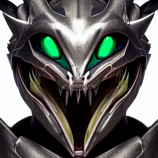 Image similar to high quality close up headshot of a cute beautiful stunning robot anthropomorphic female dragon, with sleek silver armor, a black OLED visor over the eyes, looking at the camera, her sharp dragon maw open in front of the camera, camera looking deep down into the detailed living maw, about to consume you, you being the dragon's food, highly detailed digital art, furry art, anthro art, sci fi, warframe art, destiny art, high quality, 3D realistic, dragon mawshot, dragon art, Furaffinity, Deviantart