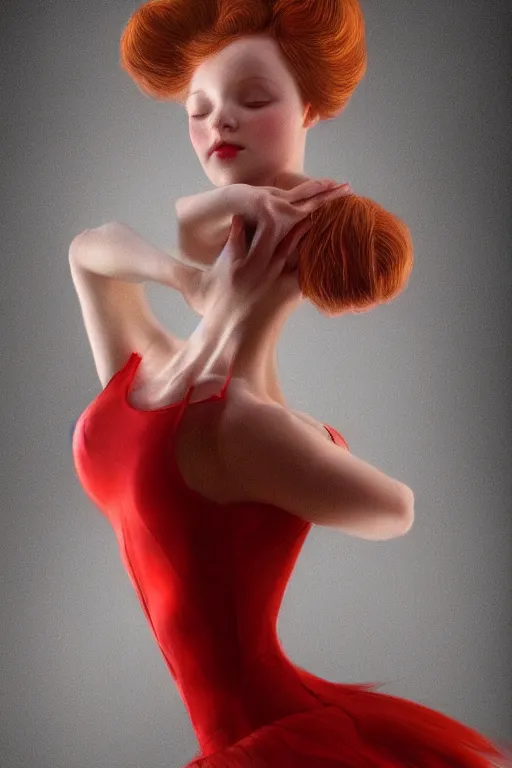 Prompt: hyperrealistic photography of a highly detailed and symmetrical gorgeous red head female ballerina in the style of vargas and wlop, highly detailed, face symmetry, masterpiece, award - winning, sharp focus, intricate concept art, ambient lighting, 8 k, artstation