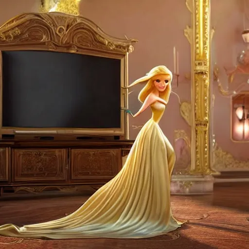 Image similar to disney princess with long blonde hair wearing elegant silk dress playing xbox in front of large television : : weta disney pixar movie still photo : : hi - fructose, decadent highly - detailed digital painting, golden ratio, octane render, artstation, cinematic composition, smooth, sharp focus, artgerm, mucha, loish, wlop