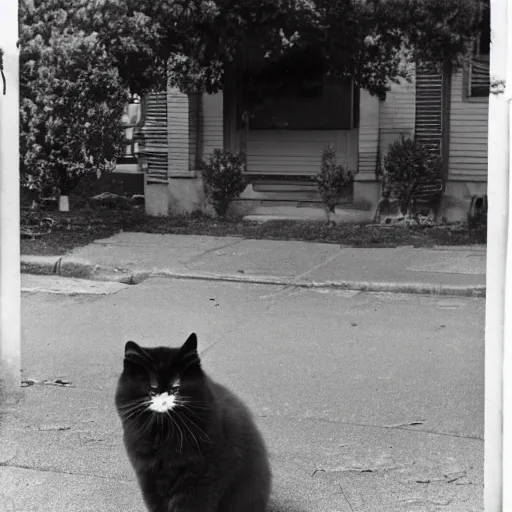 Image similar to a fluffy cat sitting on the corner of a front yard on a residential street in the 1930s